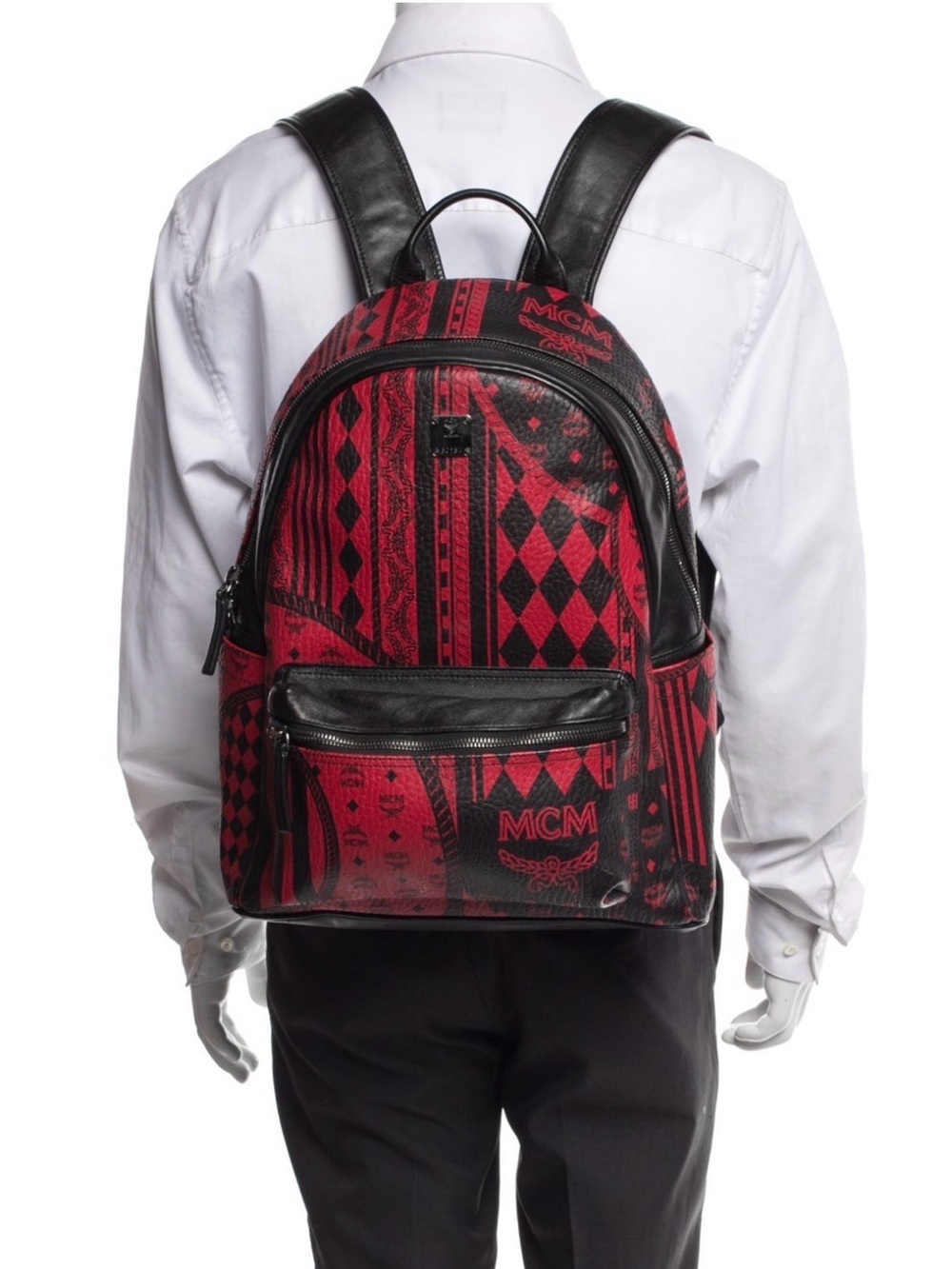 MCM Red & Black Baroque Pattern Leather Backpack Medium